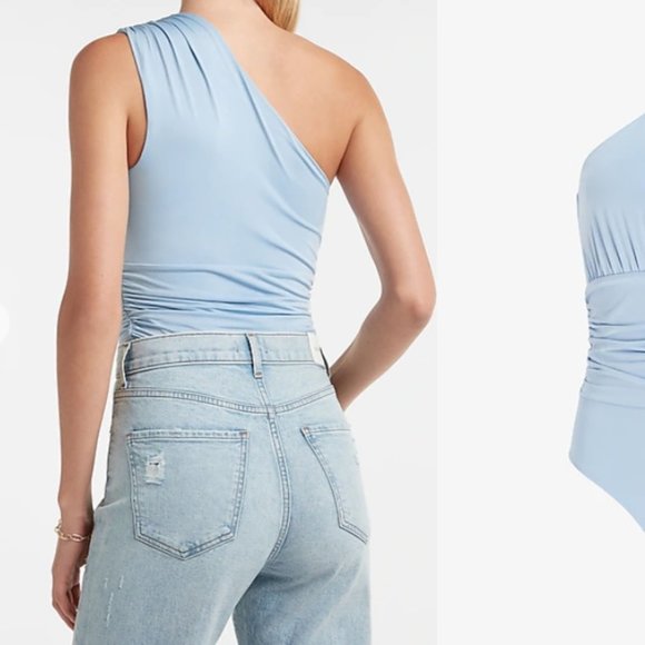 Express Body Contour Double Layer Ruched One Shoulder Thong Bodysuit - Picture 3 of 4